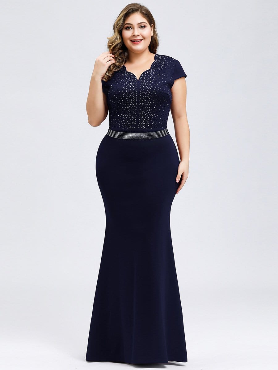 Color=Navy Blue | Cap Sleeve Beaded Long Black Evening Dress-Navy Blue 1