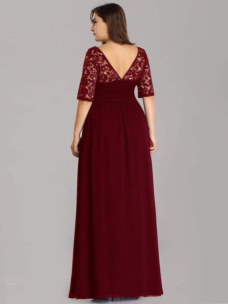 COLOR=Burgundy | Plus Size Long Sleeve Floor Length Evening Dress-Burgundy 2