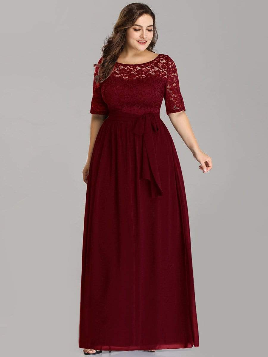 Color=Burgundy | Plus Size Long Sleeve Floor Length Evening Dress-Burgundy 3