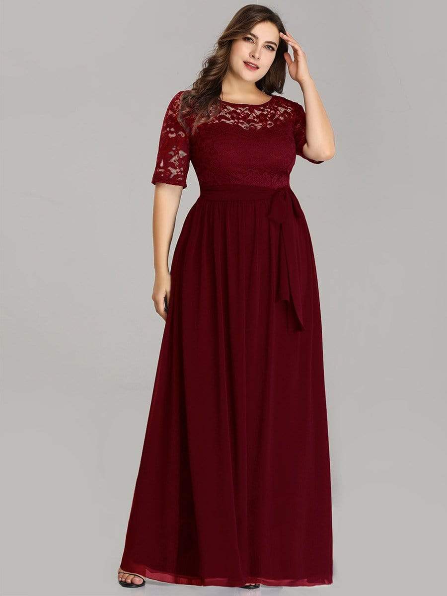 COLOR=Burgundy | Plus Size Long Sleeve Floor Length Evening Dress-Burgundy 4