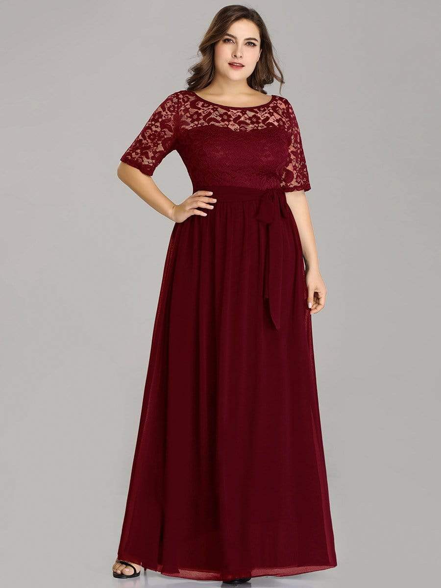 COLOR=Burgundy | Plus Size Long Sleeve Floor Length Evening Dress-Burgundy 1