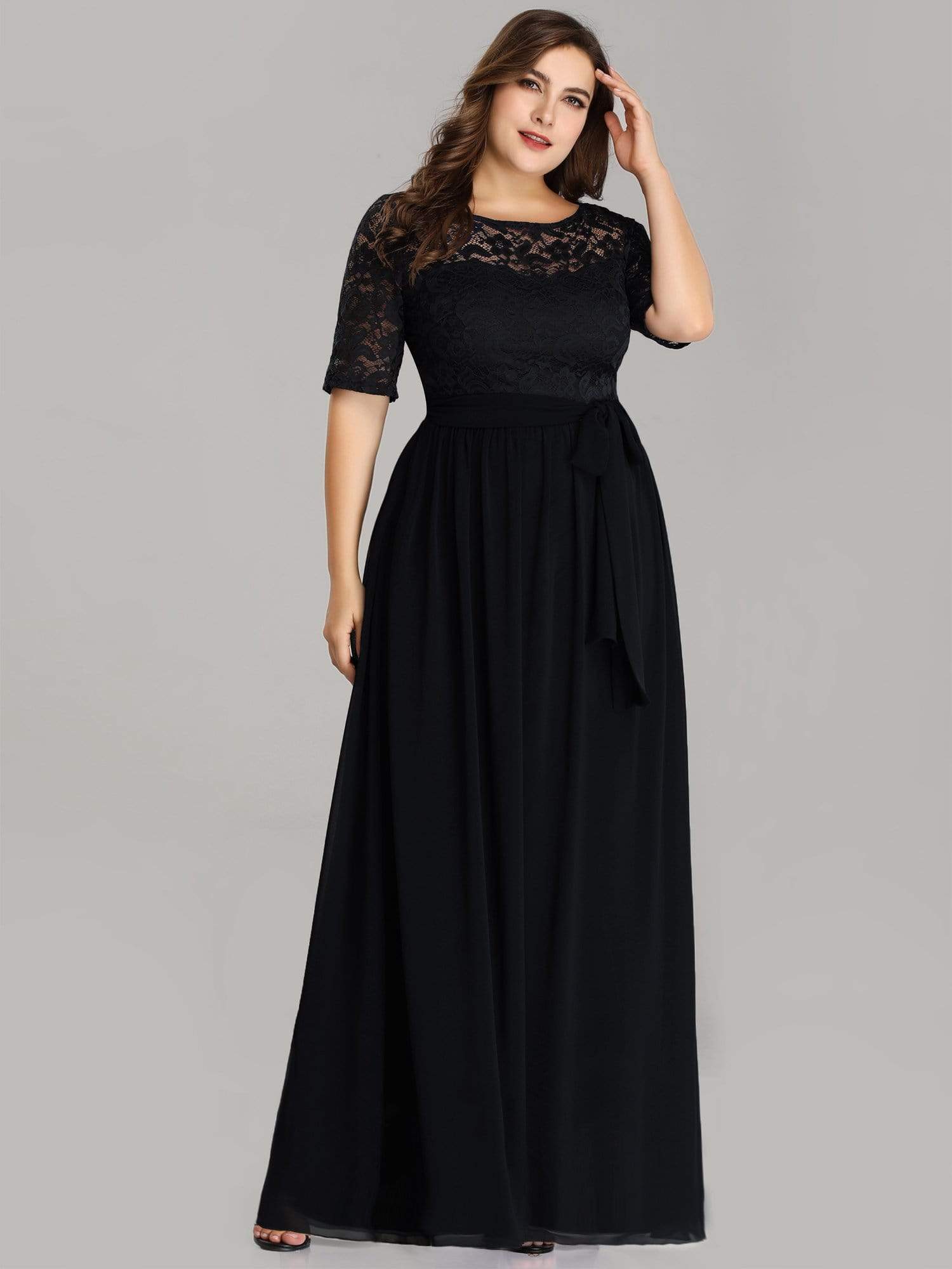 Color=Black | Plus Size Long Sleeve Floor Length Evening Dress-Black 4