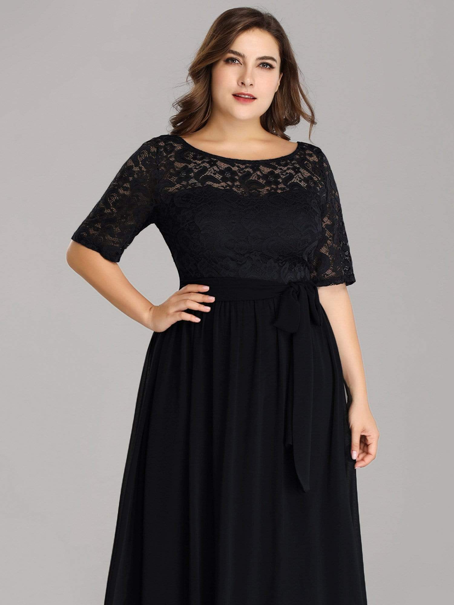 Color=Black | Plus Size Long Sleeve Floor Length Evening Dress-Black 5