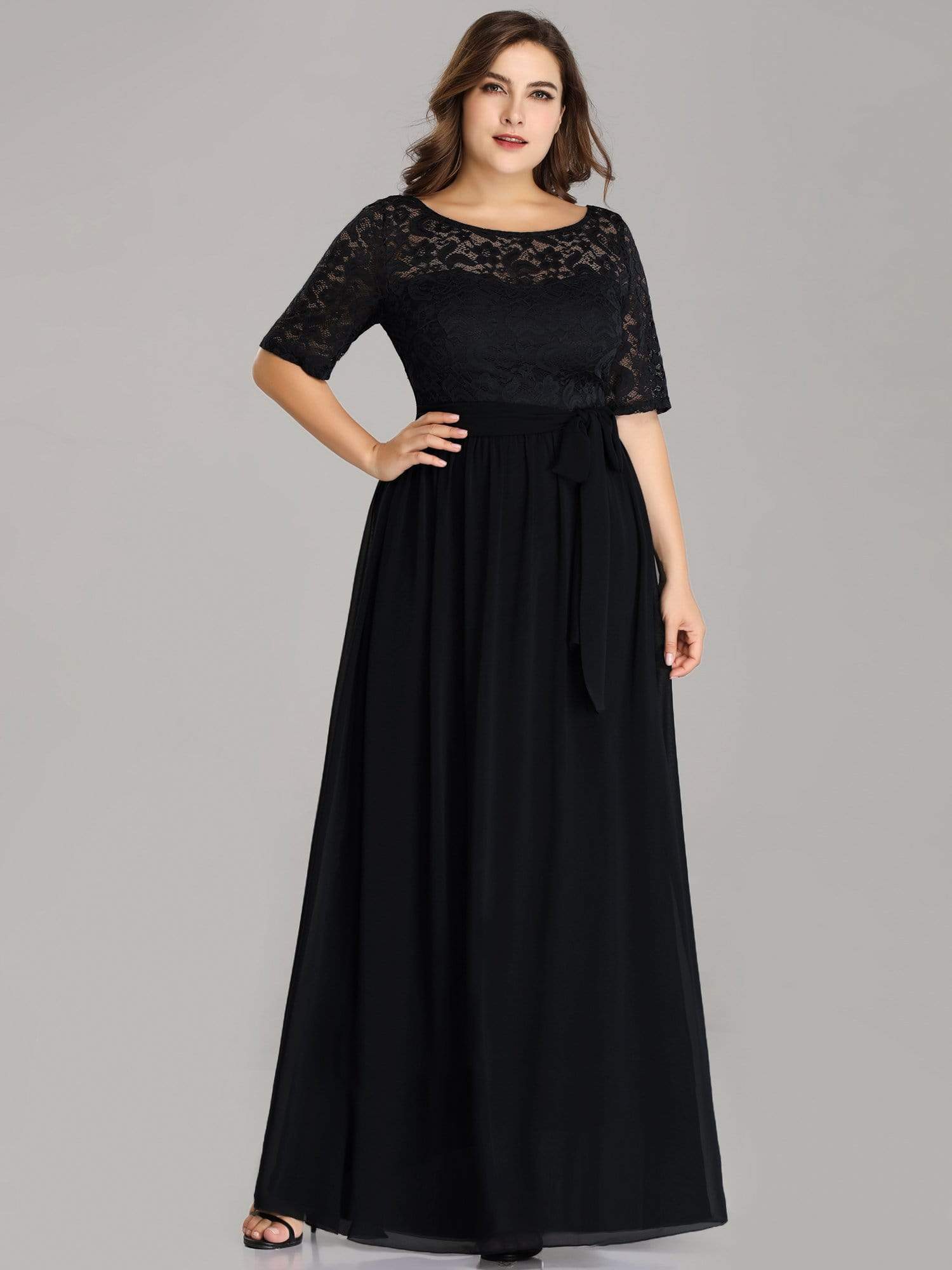 Color=Black | Plus Size Long Sleeve Floor Length Evening Dress-Black 1