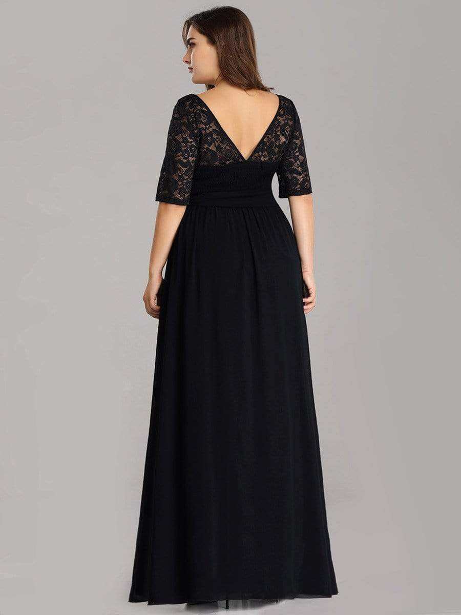 COLOR=Black | Plus Size Long Sleeve Floor Length Evening Dress-Black 2