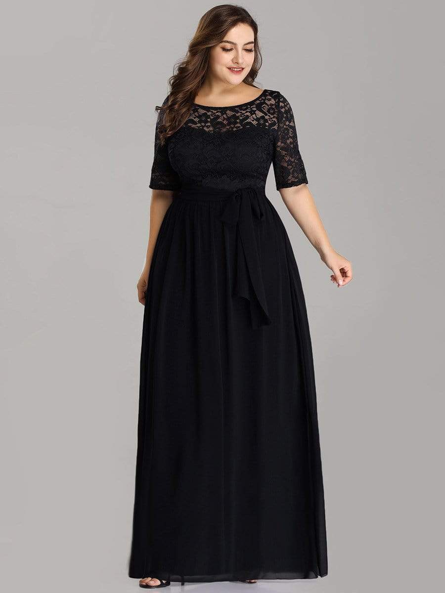 COLOR=Black | Plus Size Long Sleeve Floor Length Evening Dress-Black 3