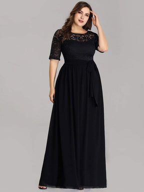 COLOR=Black | Plus Size Long Sleeve Floor Length Evening Dress-Black 4