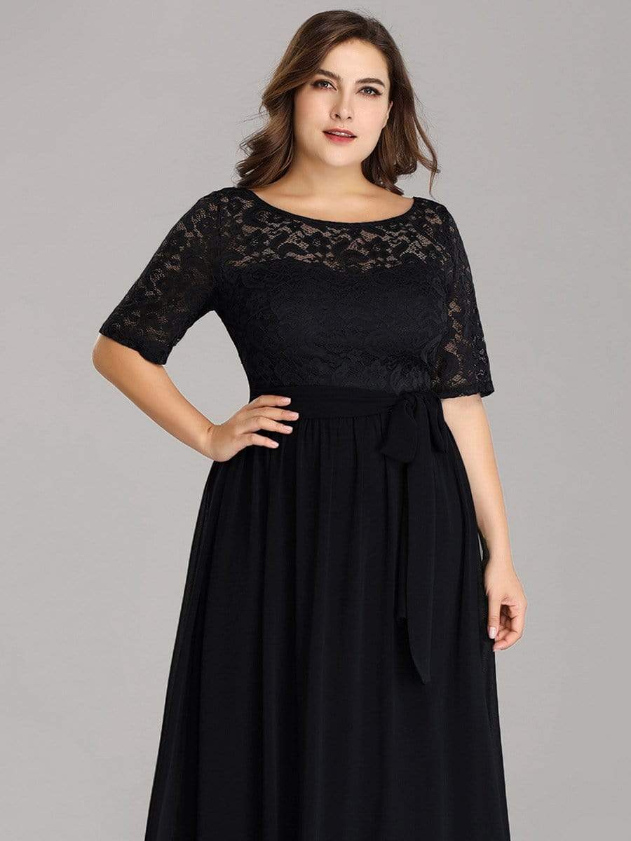 COLOR=Black | Plus Size Long Sleeve Floor Length Evening Dress-Black 5