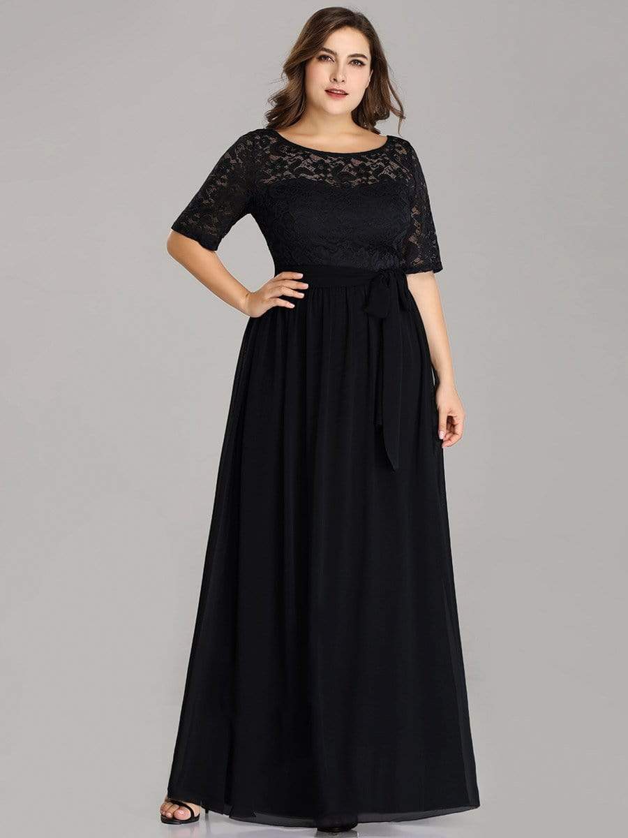 COLOR=Black | Plus Size Long Sleeve Floor Length Evening Dress-Black 1
