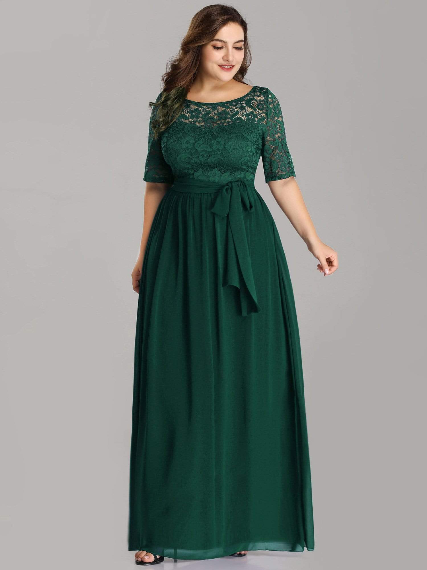 Color=Dark Green | Plus Size Long Sleeve Floor Length Evening Dress-Dark Green 3