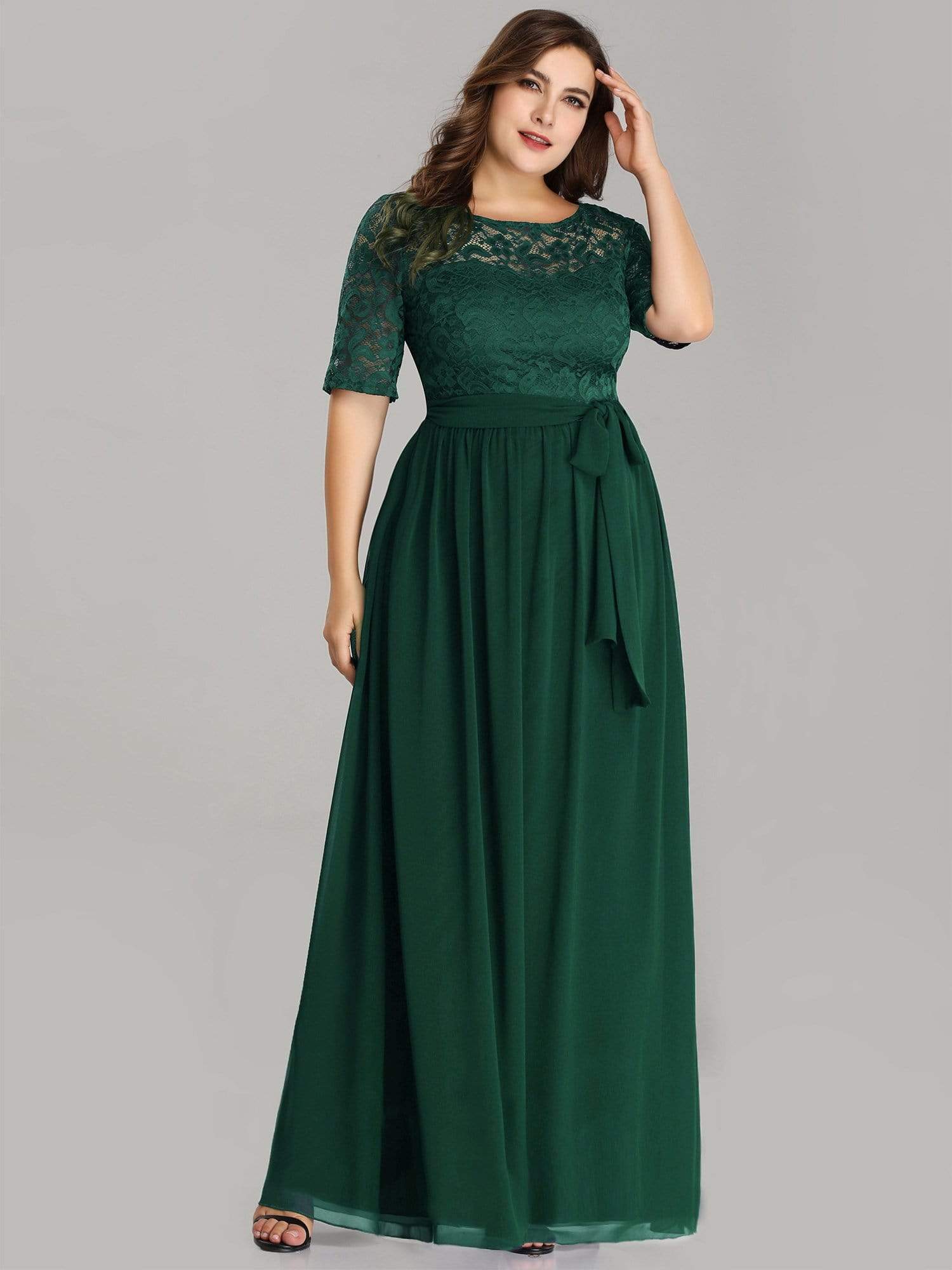 Color=Dark Green | Plus Size Long Sleeve Floor Length Evening Dress-Dark Green 4