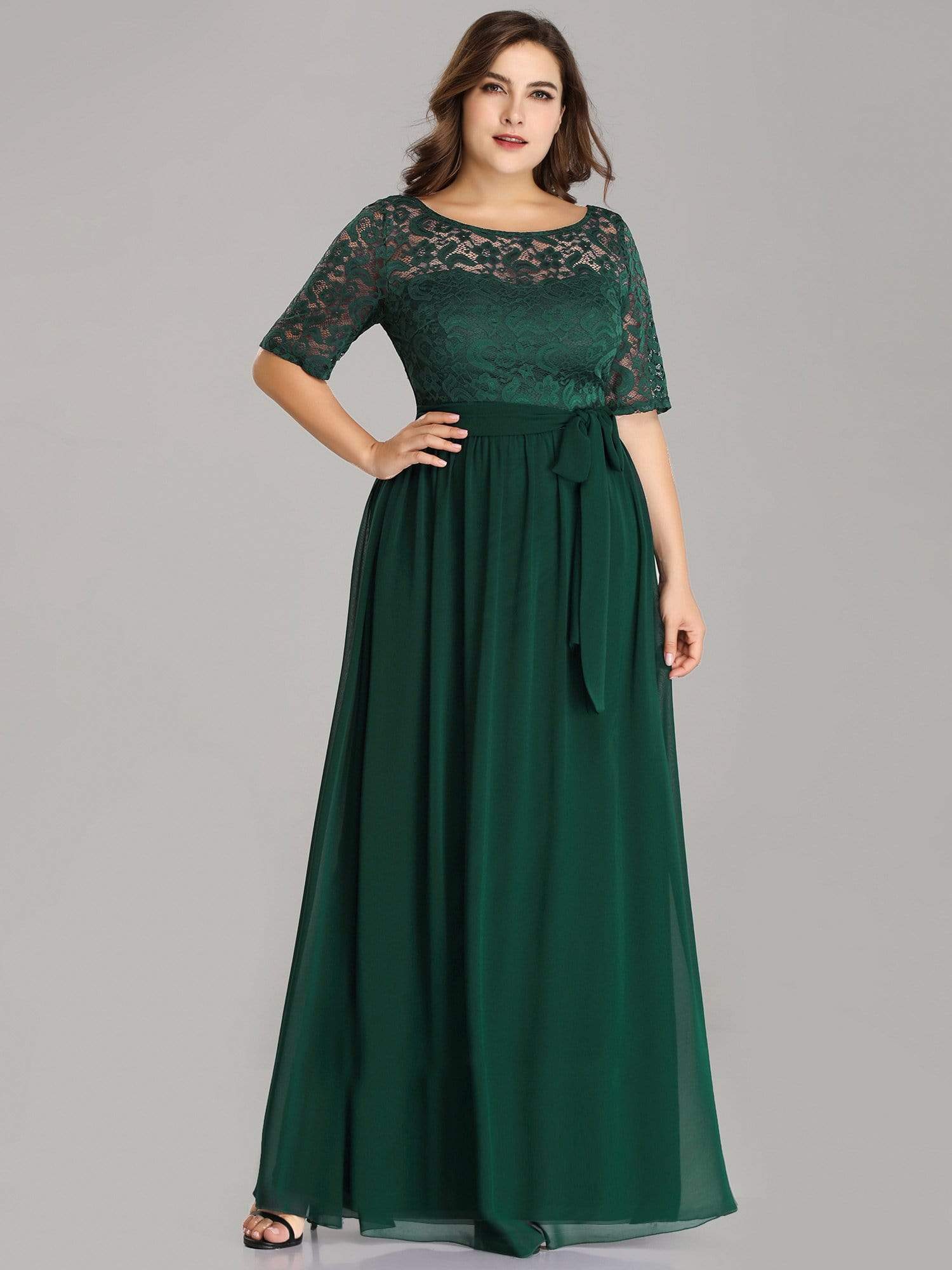 Color=Dark Green | Plus Size Long Sleeve Floor Length Evening Dress-Dark Green 1