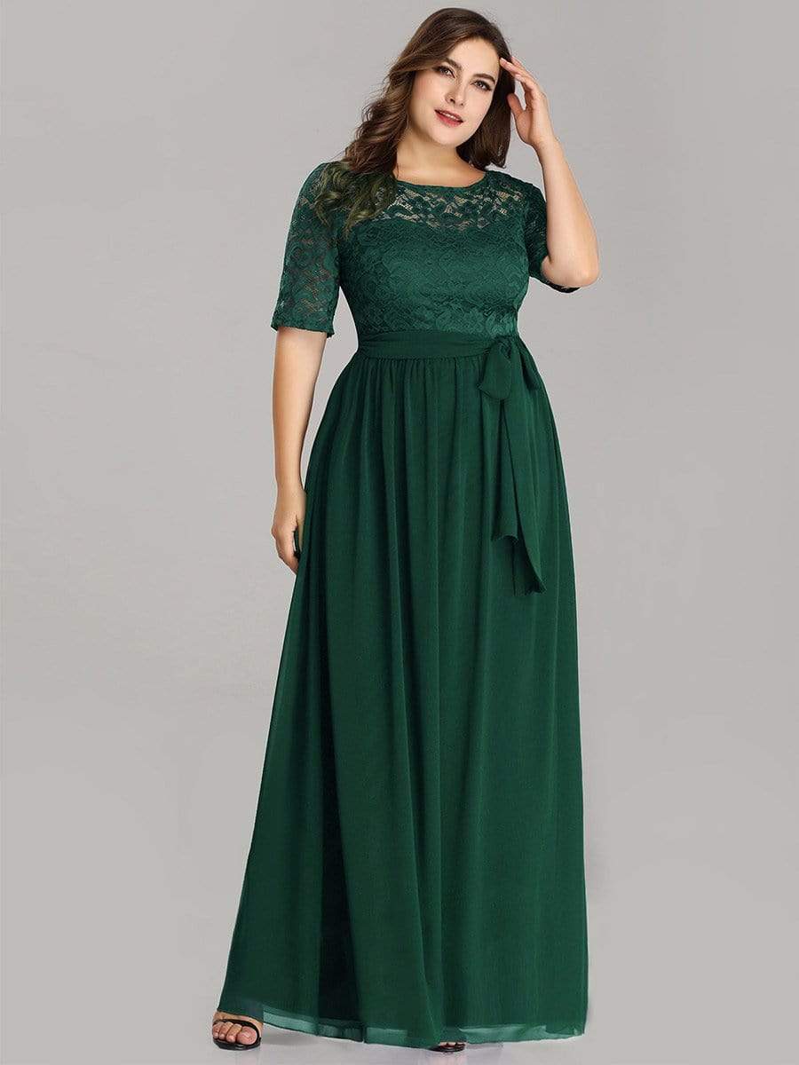 COLOR=Dark Green | Plus Size Long Sleeve Floor Length Evening Dress-Dark Green 4
