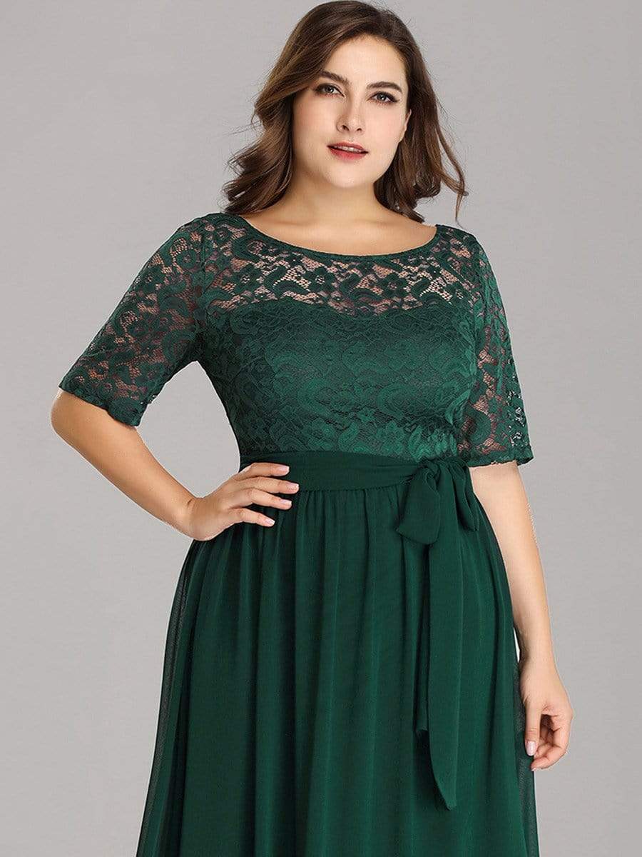 COLOR=Dark Green | Plus Size Long Sleeve Floor Length Evening Dress-Dark Green 5