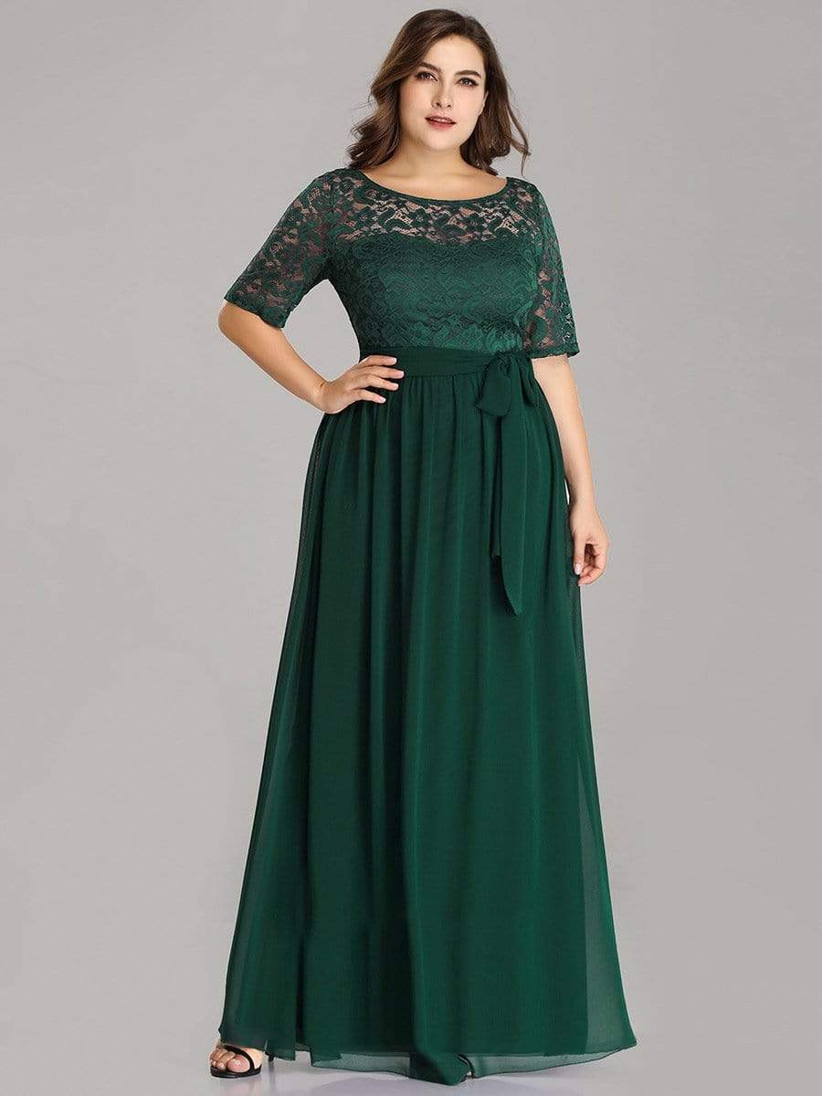 COLOR=Dark Green | Plus Size Long Sleeve Floor Length Evening Dress-Dark Green 1