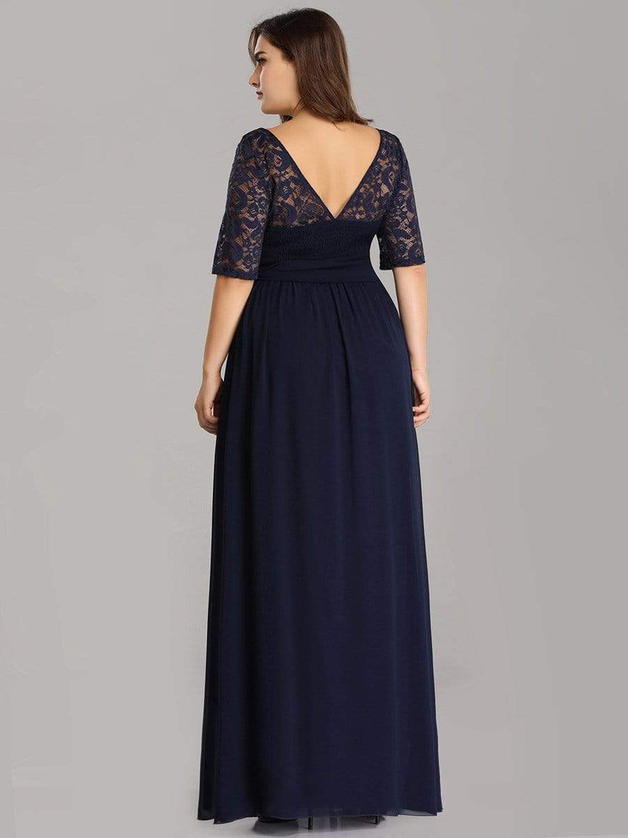 COLOR=Navy Blue | Plus Size Long Sleeve Floor Length Evening Dress-Navy Blue 2