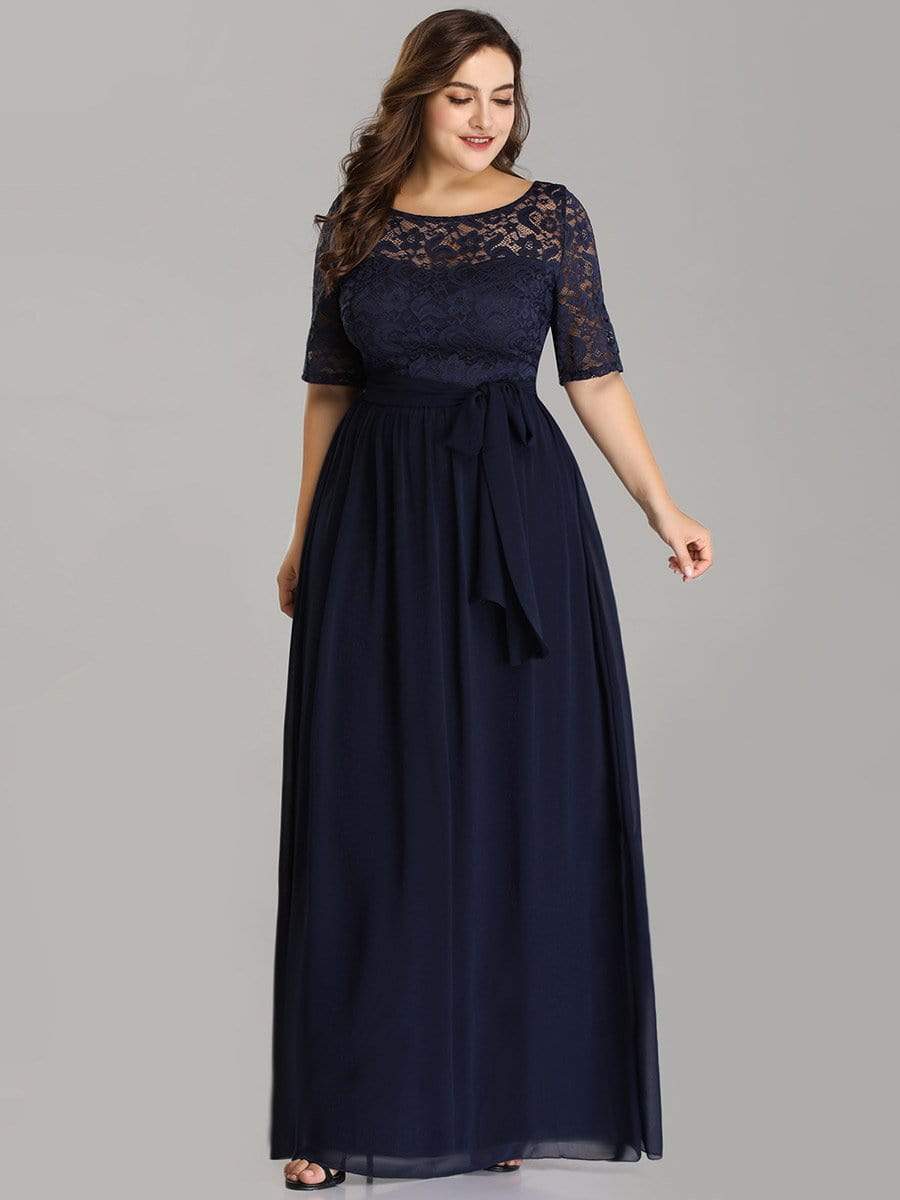 COLOR=Navy Blue | Plus Size Long Sleeve Floor Length Evening Dress-Navy Blue 3