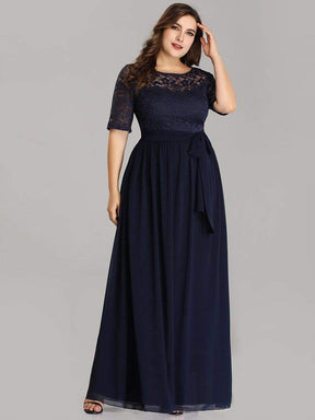 COLOR=Navy Blue | Plus Size Long Sleeve Floor Length Evening Dress-Navy Blue 4