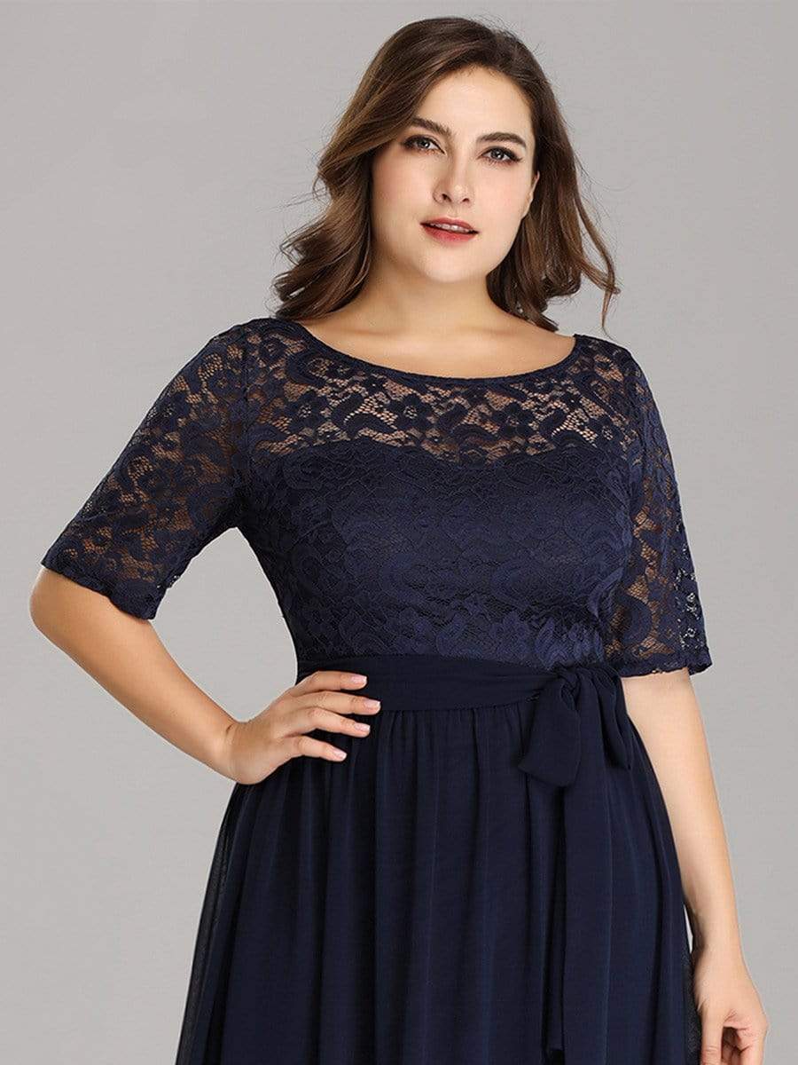 COLOR=Navy Blue | Plus Size Long Sleeve Floor Length Evening Dress-Navy Blue 5