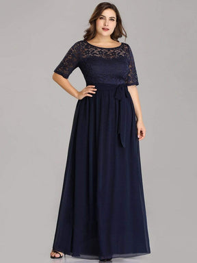 Color=Navy Blue | Plus Size Long Sleeve Floor Length Evening Dress-Navy Blue 3
