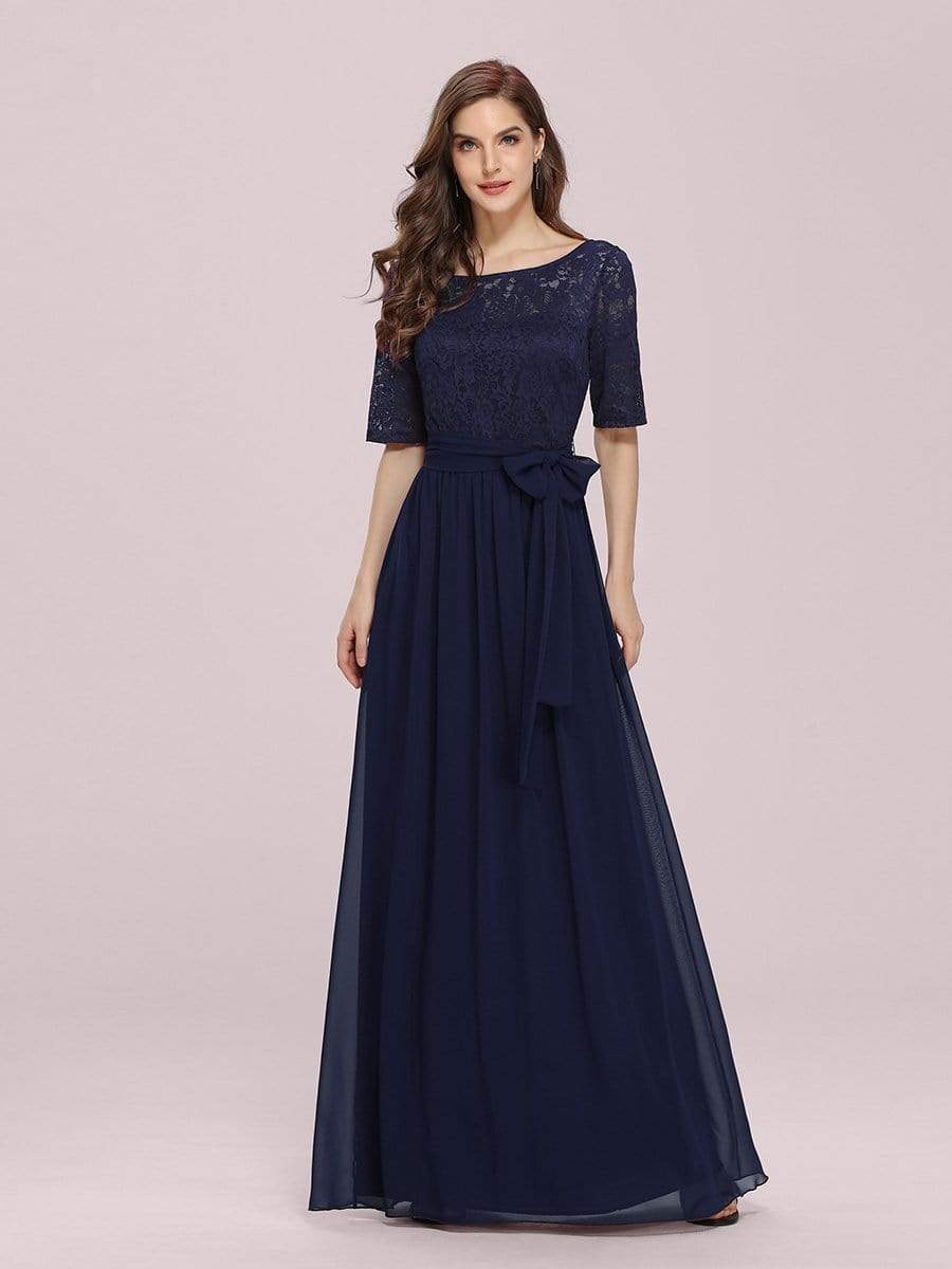 Color=Navy Blue | Plus Size Long Sleeve Floor Length Evening Dress-Navy Blue 1