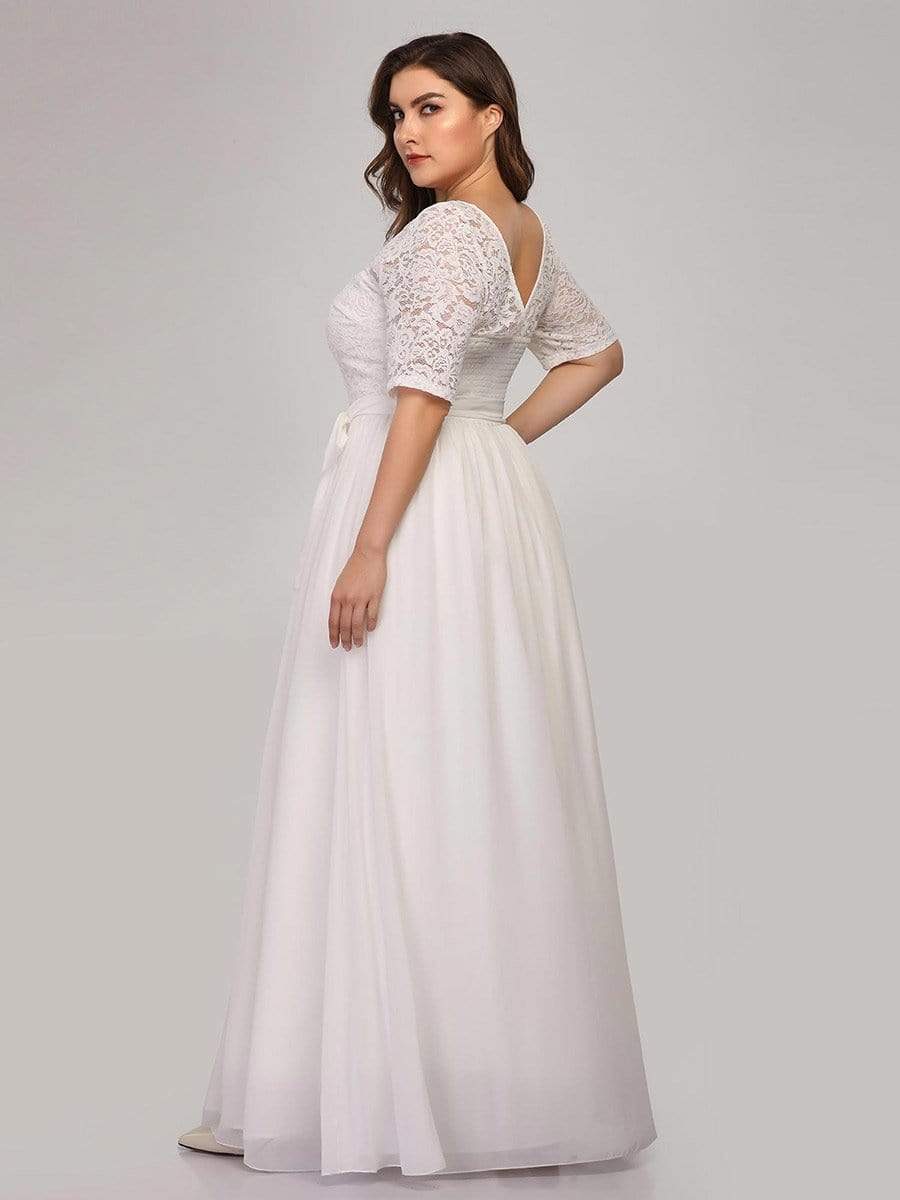 COLOR=White | Plus Size Long Sleeve Floor Length Evening Dress-White 4