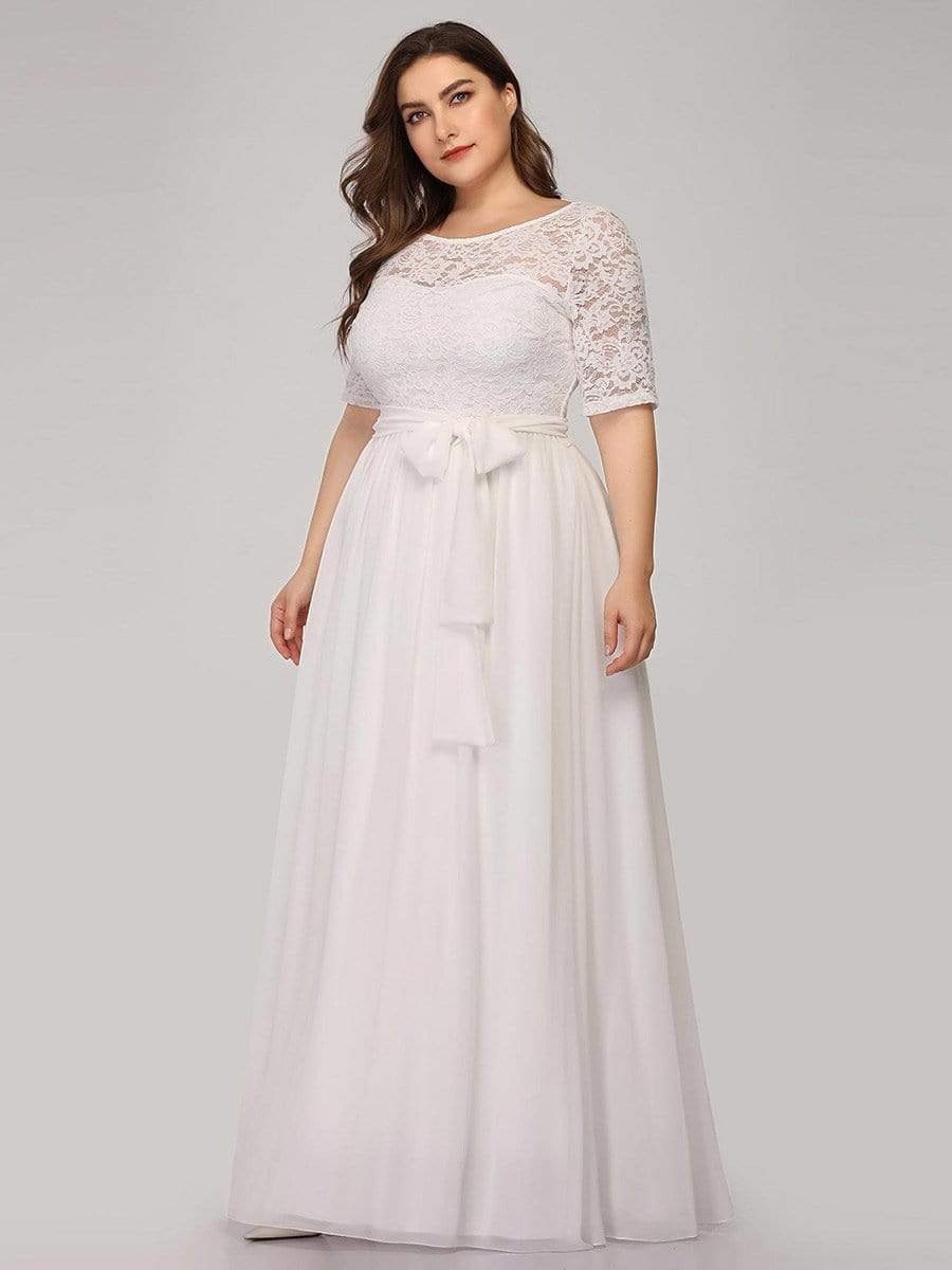 COLOR=White | Plus Size Long Sleeve Floor Length Evening Dress-White 5