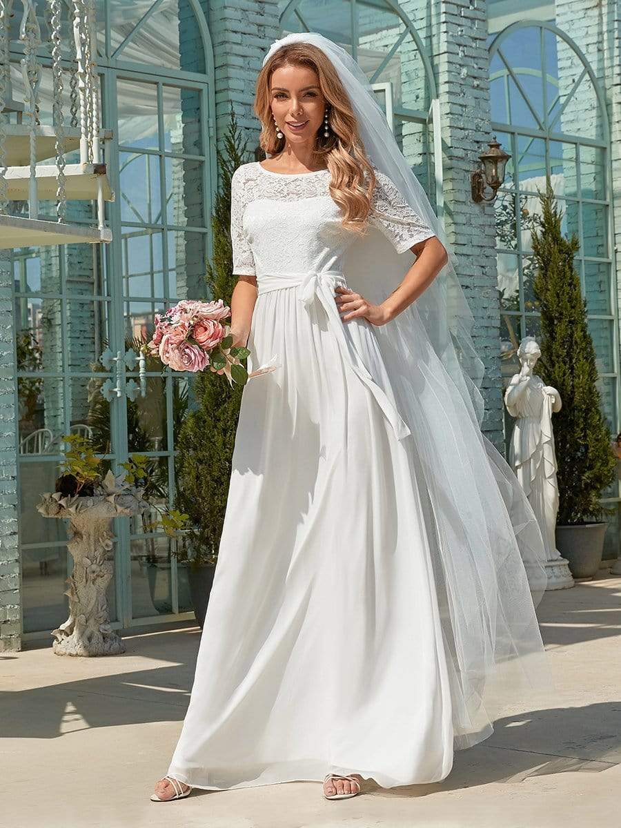 Color=White | Simple Half Sleeves Chiffon Wedding Dress With Belt-White 3