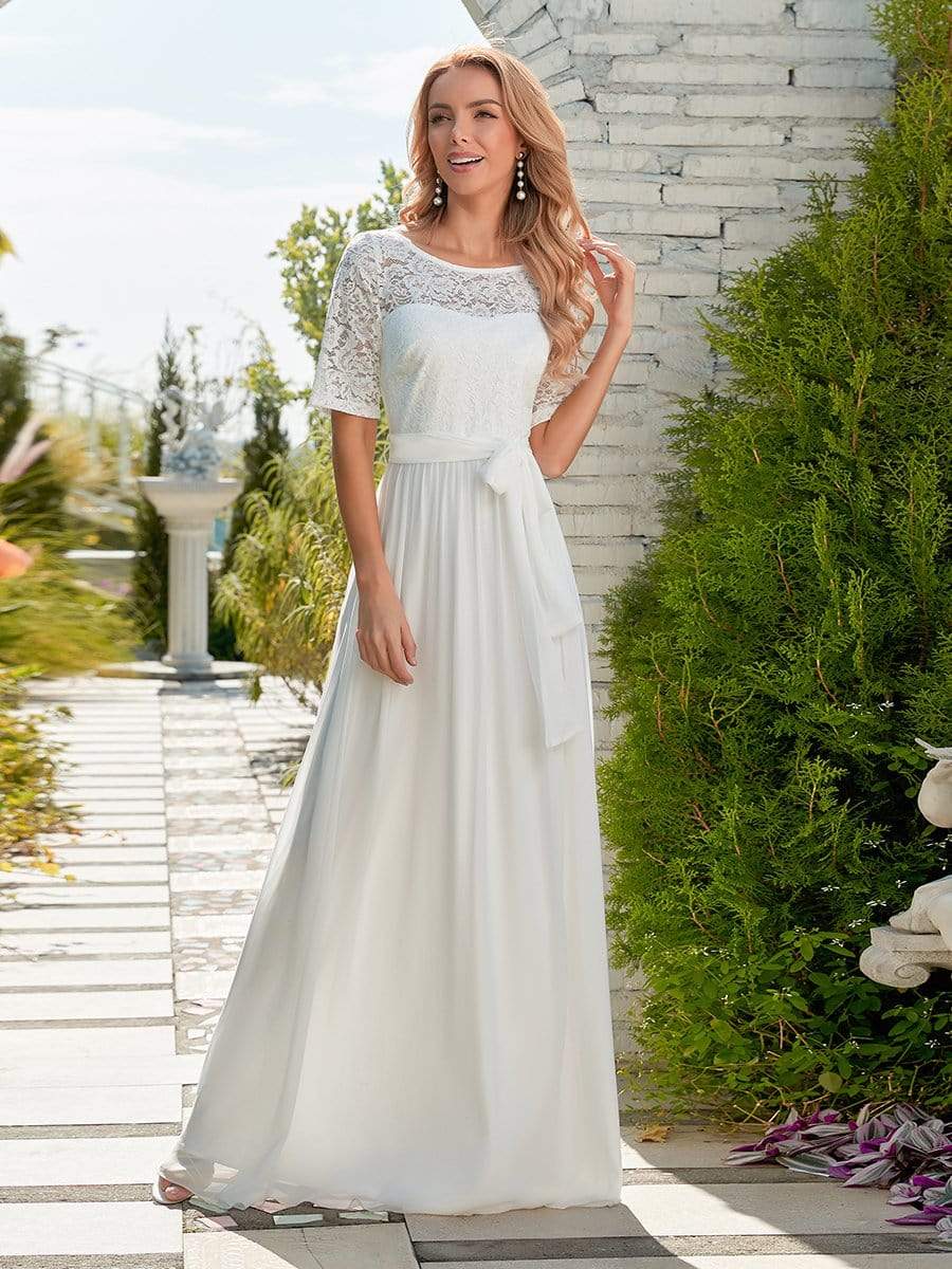 Color=White | Simple Half Sleeves Chiffon Wedding Dress With Belt-White 4