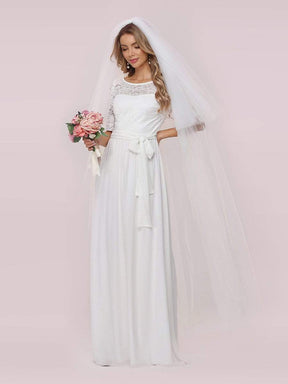 Color=White | Simple Half Sleeves Chiffon Wedding Dress With Belt-White 8