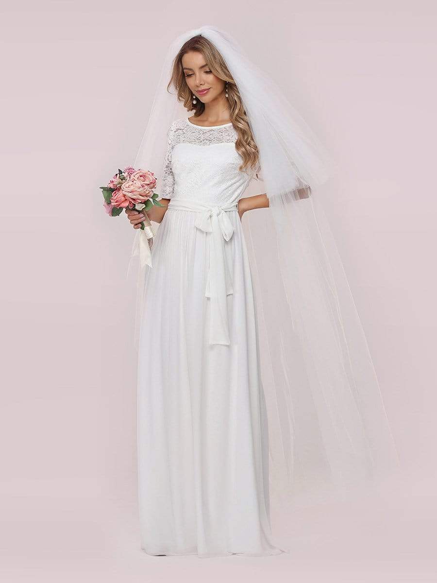 Color=White | Simple Half Sleeves Chiffon Wedding Dress With Belt-White 8