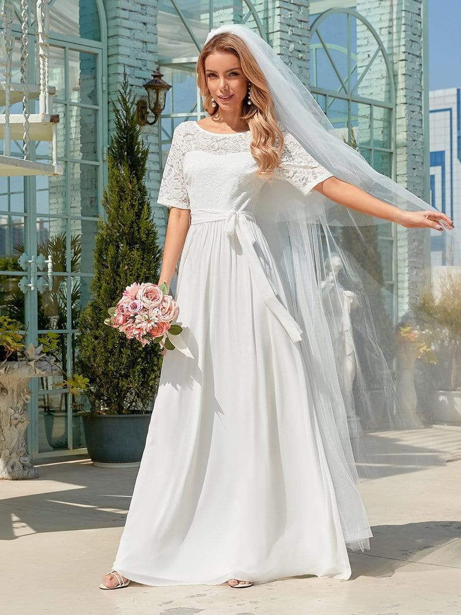 Lace Plain Wedding Dress With Belt Sheer Short Sleeve White Simple