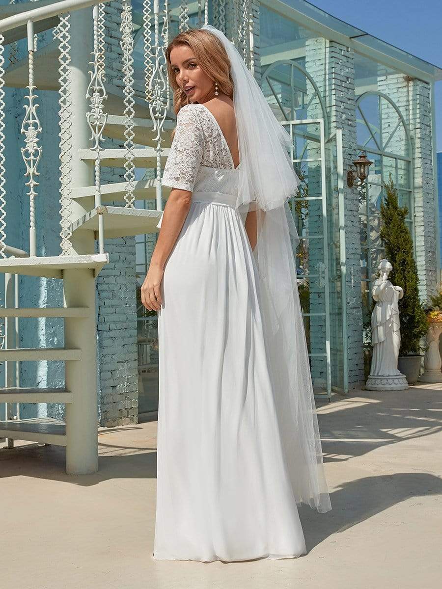 Color=White | Simple Half Sleeves Chiffon Wedding Dress With Belt-White 2