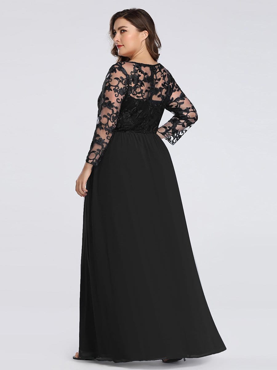 COLOR=Black | Plus Size Floor Length Evening Dress With Sheer Lace Bodice-Black 2