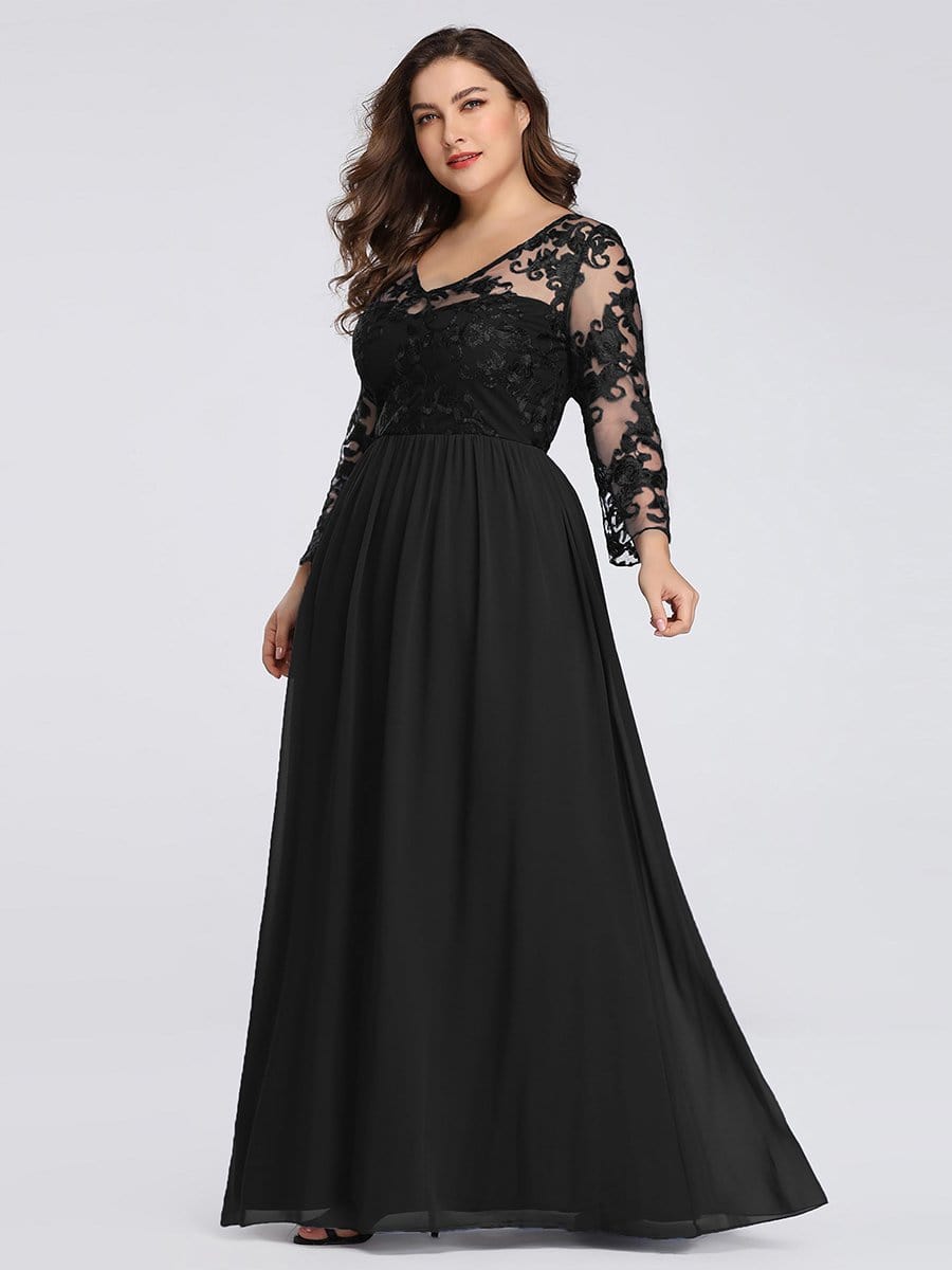 COLOR=Black | Plus Size Floor Length Evening Dress With Sheer Lace Bodice-Black 3