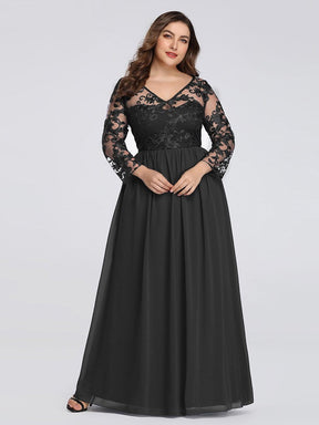 COLOR=Black | Plus Size Floor Length Evening Dress With Sheer Lace Bodice-Black 4