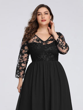 COLOR=Black | Plus Size Floor Length Evening Dress With Sheer Lace Bodice-Black 5