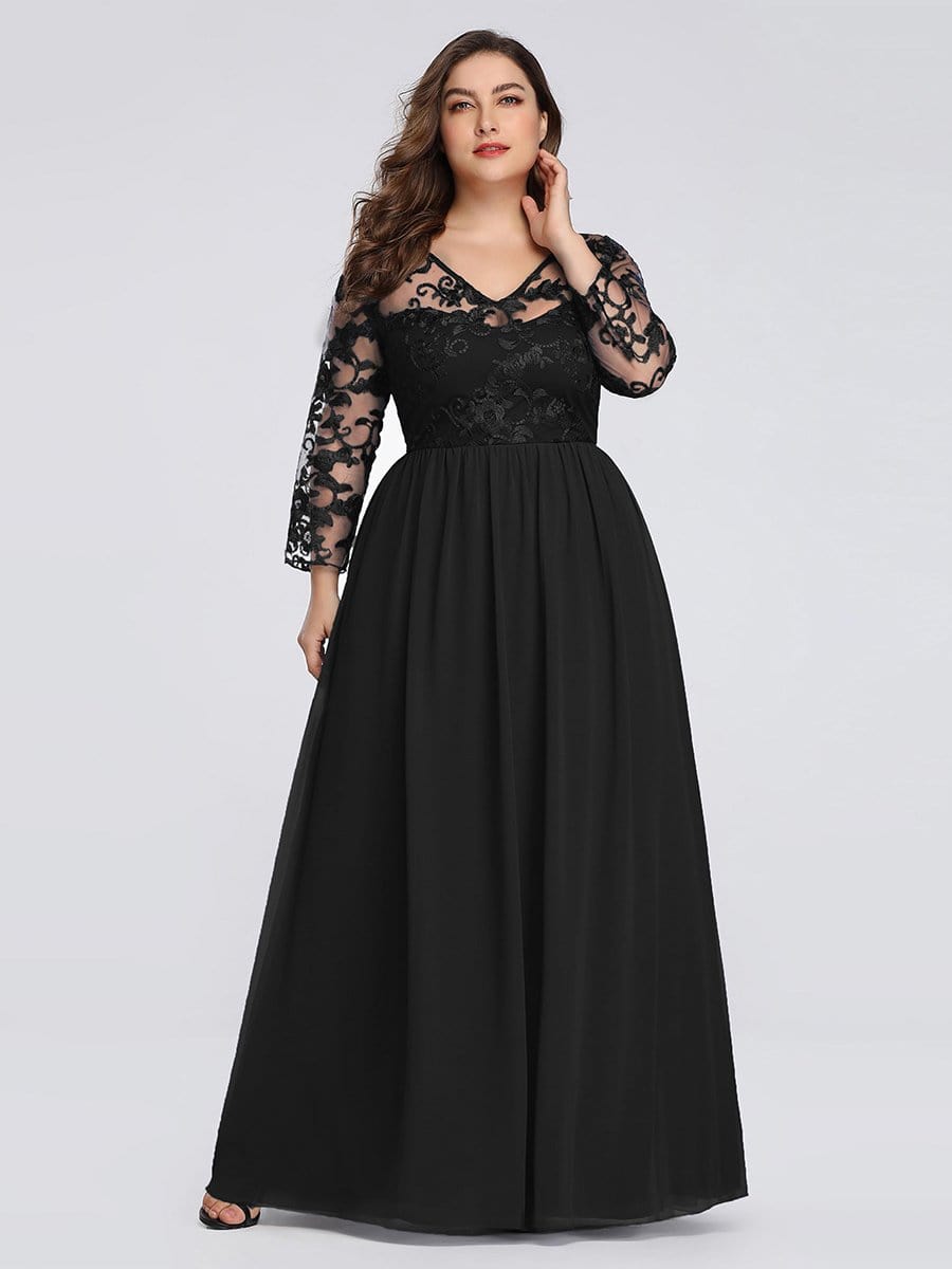 COLOR=Black | Plus Size Floor Length Evening Dress With Sheer Lace Bodice-Black 1