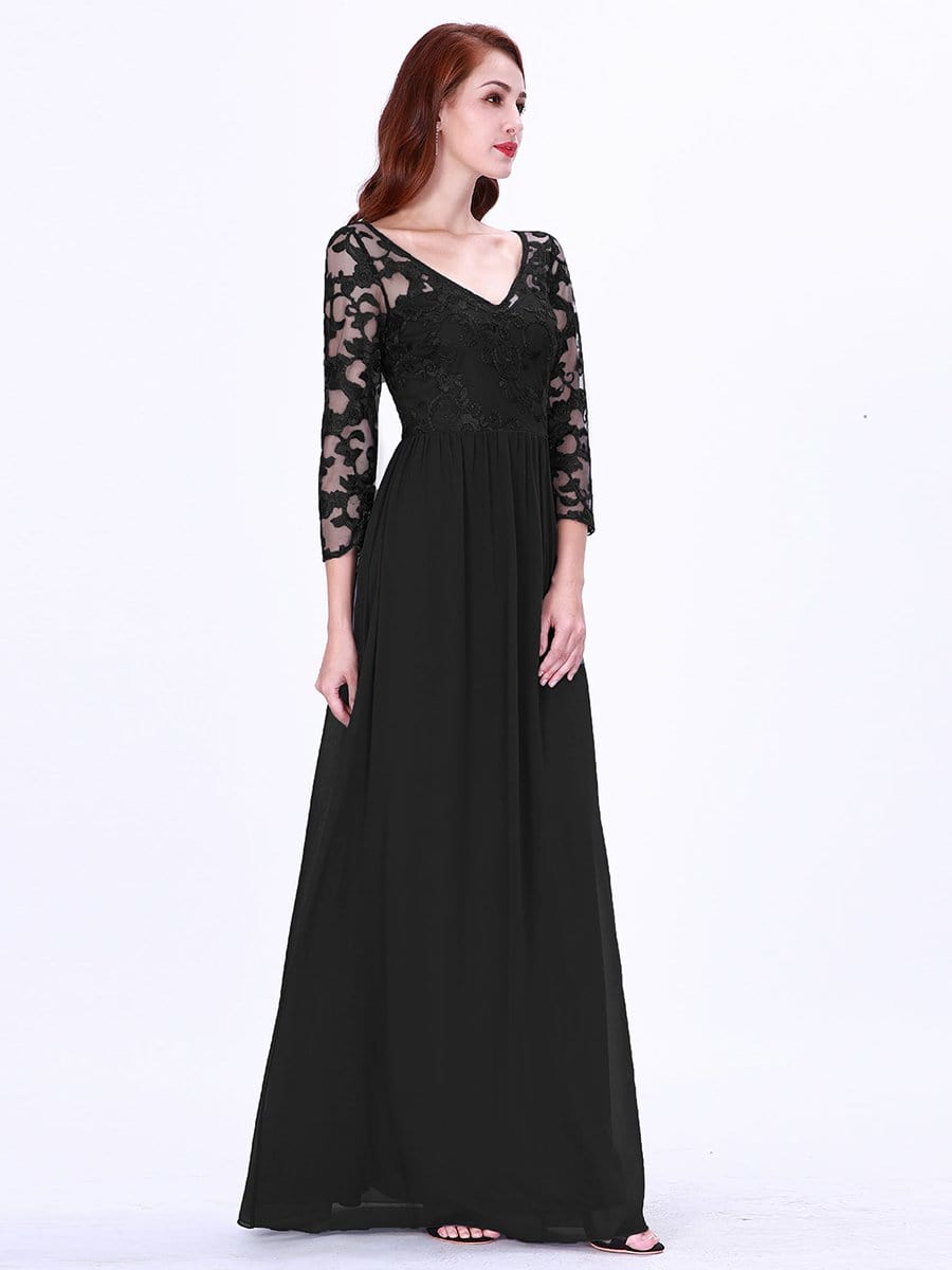 COLOR=Black | Floor Length Evening Dress With Sheer Lace Bodice-Black 3