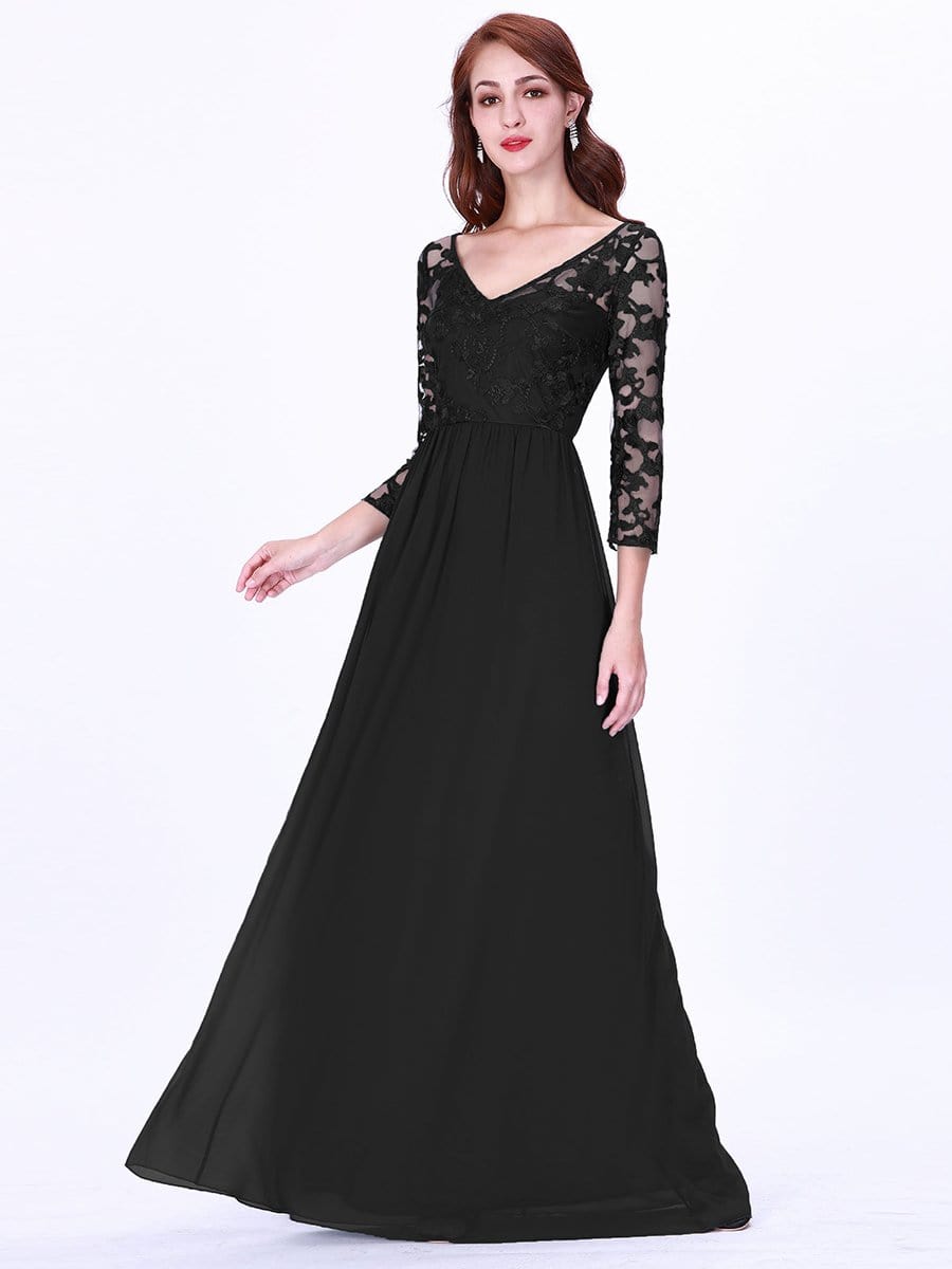 COLOR=Black | Floor Length Evening Dress With Sheer Lace Bodice-Black 1