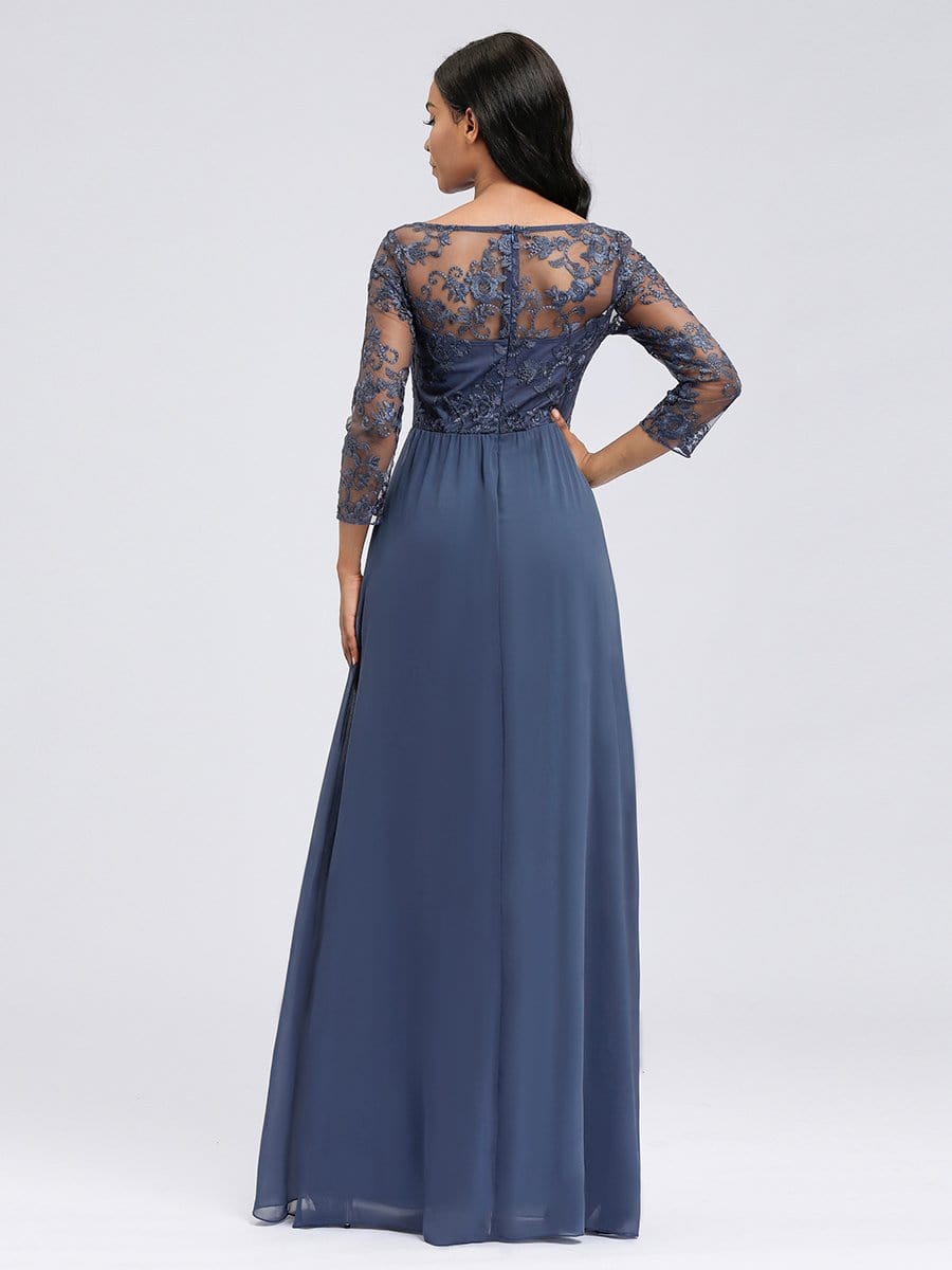 COLOR=Dusty Navy | Floor Length Evening Dress With Sheer Lace Bodice-Dusty Navy 16