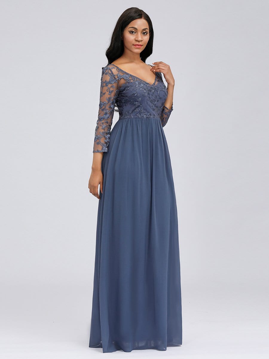 COLOR=Dusty Navy | Floor Length Evening Dress With Sheer Lace Bodice-Dusty Navy 17