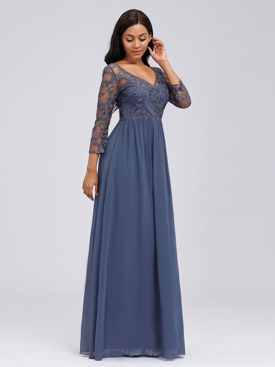 COLOR=Dusty Navy | Floor Length Evening Dress With Sheer Lace Bodice-Dusty Navy 18