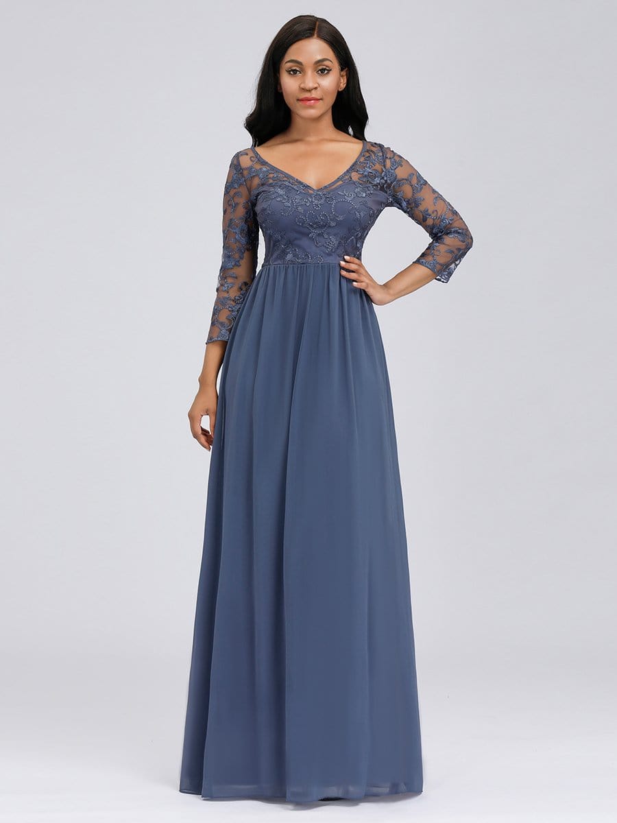 COLOR=Dusty Navy | Floor Length Evening Dress With Sheer Lace Bodice-Dusty Navy 15