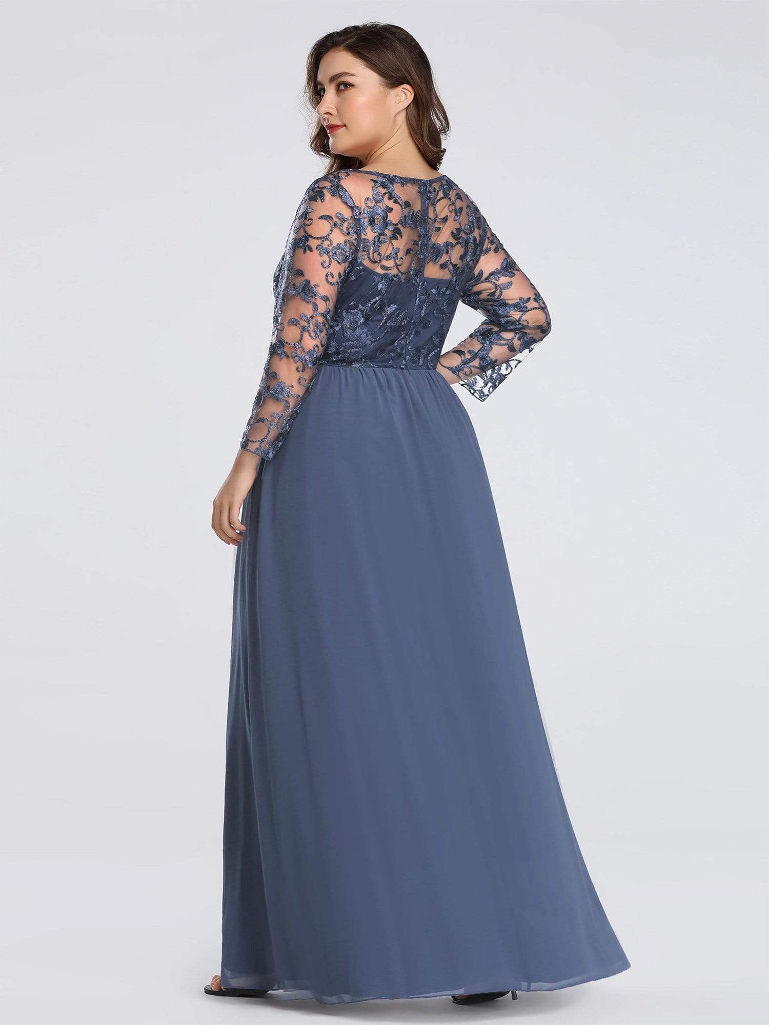 Color=Dusty Navy | Plus Size Floor Length Evening Dress With Sheer Lace Bodice-Dusty Navy 2