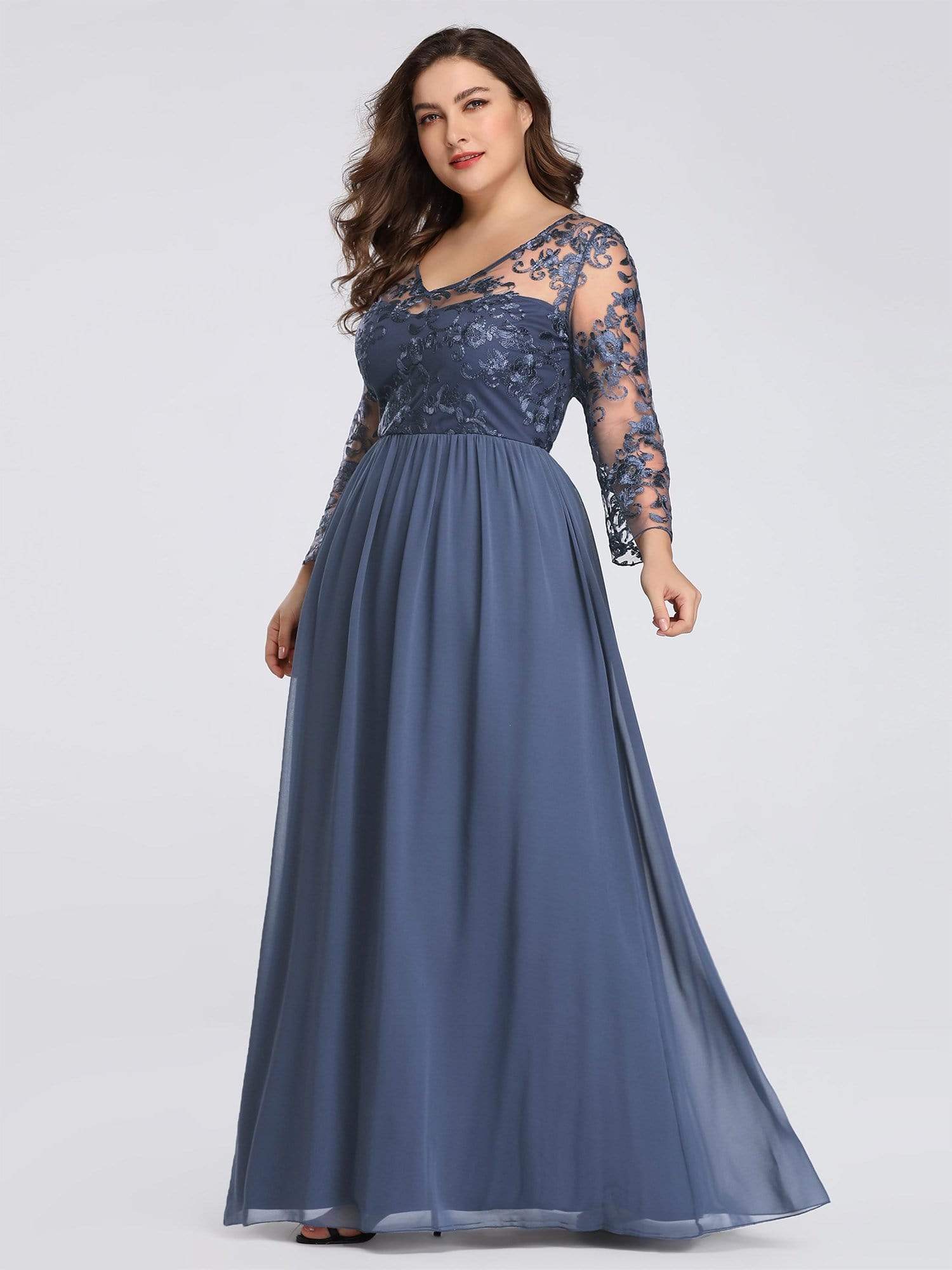 Color=Dusty Navy | Plus Size Floor Length Evening Dress With Sheer Lace Bodice-Dusty Navy 3