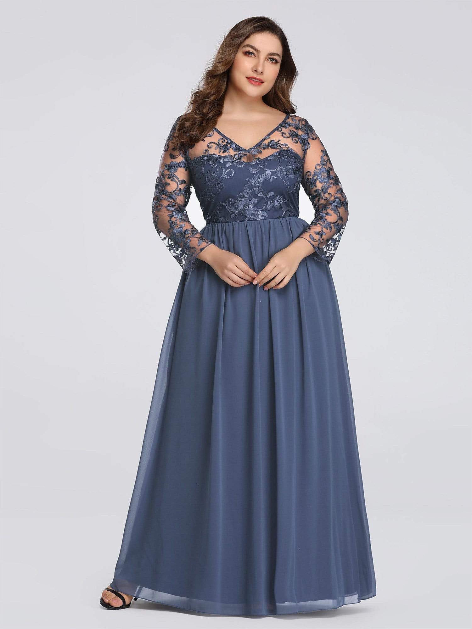 Color=Dusty Navy | Plus Size Floor Length Evening Dress With Sheer Lace Bodice-Dusty Navy 4