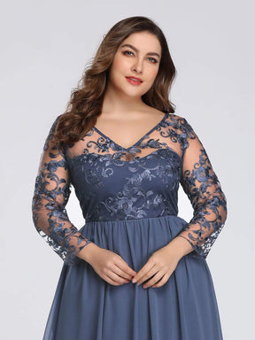 Color=Dusty Navy | Plus Size Floor Length Evening Dress With Sheer Lace Bodice-Dusty Navy 5