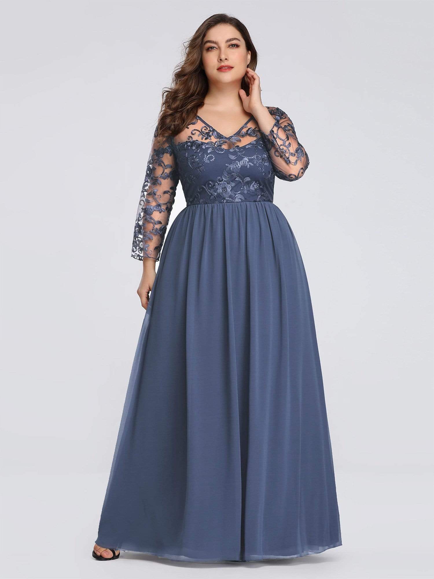 Color=Dusty Navy | Plus Size Floor Length Evening Dress With Sheer Lace Bodice-Dusty Navy 1
