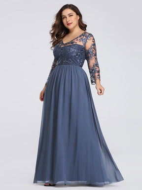COLOR=Dusty Navy | Floor Length Evening Dress With Sheer Lace Bodice-Dusty Navy 12